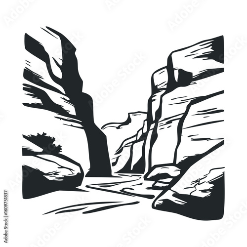 Black and white illustration of a narrow rocky canyon with rugged cliffs and flowing stream