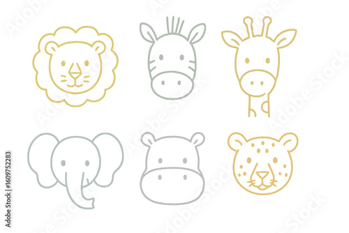 Photography Hand-drawn cartoon faces of savanna animals including elephant, hippo, and cheetah with light pastel outlines