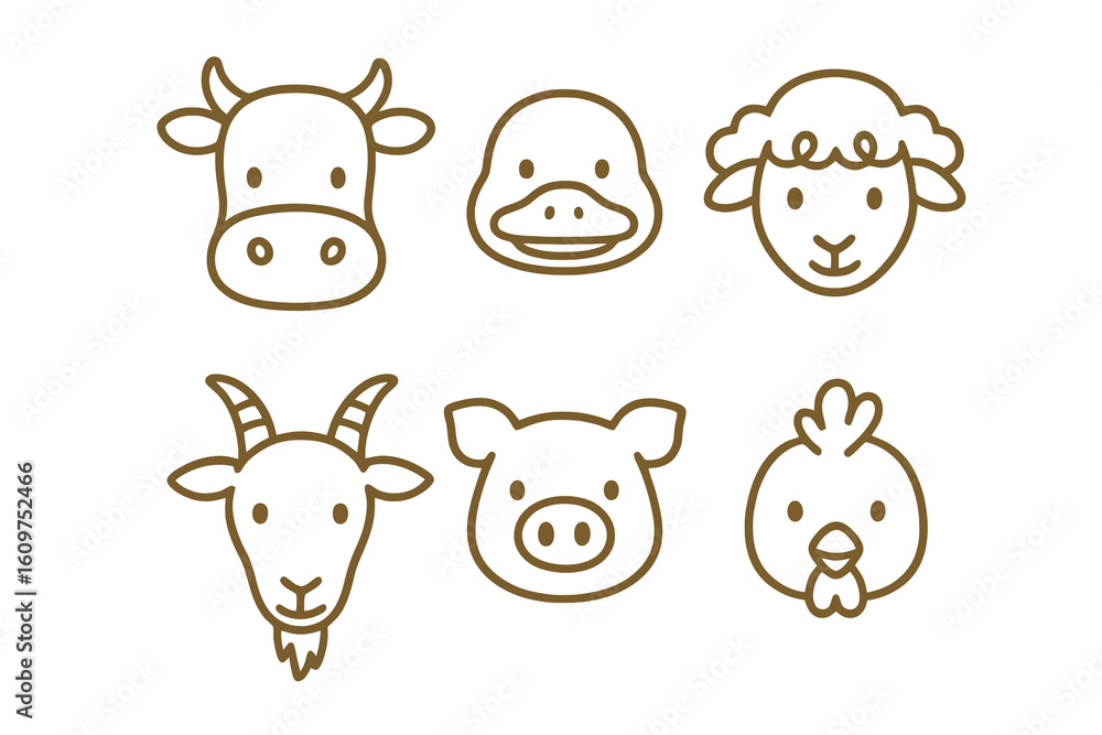 Obraz premium Hand-drawn cartoon faces of farm animals in brown outline style. Great for farm branding, kids’ books, and creative design projects.