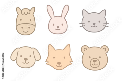 Hand-drawn cartoon faces of animals including dog, bear, and cat with soft pastel outlines. Great for playful branding and stock resources.