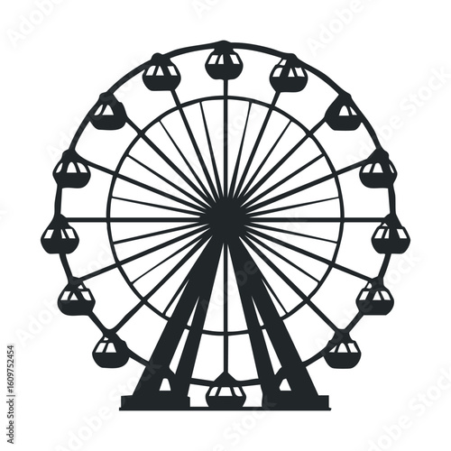 Silhouette of a ferris wheel with suspended gondolas on white background