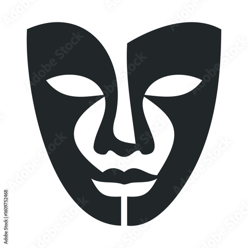 Abstract black and white theatrical mask illustration with symmetrical design