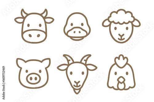 Brown thin line icons of farm animal faces including cow, pig, sheep, and chicken. Perfect for educational and children’s illustrations.