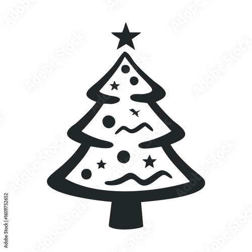Black and white christmas tree with star and ornaments icon
