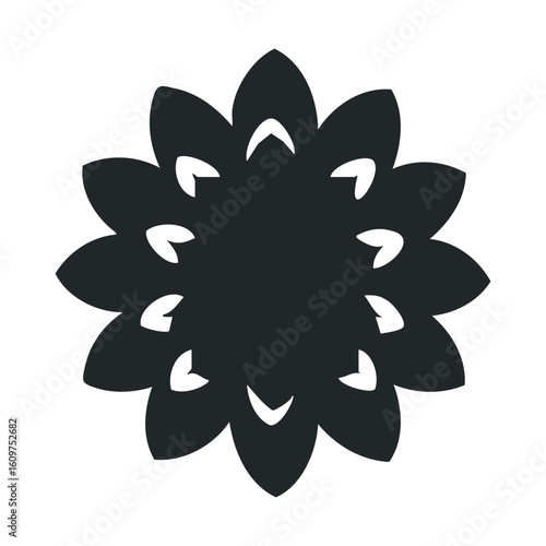 Abstract black floral mandala design with symmetrical petals on white background