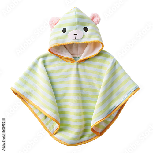 A cute hooded baby poncho towel with green and yellow stripes and a bear face, perfect for bath time isolated on transparent background