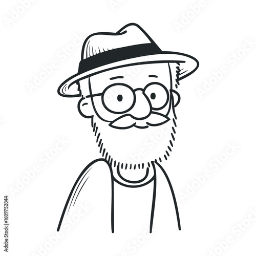 Elderly caucasian male cartoon character with glasses and hat illustration