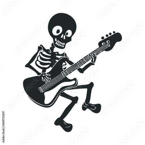 Skeleton playing electric guitar with enthusiasm in fun cartoon style