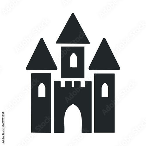Black silhouette of medieval castle with three towers and arched entrance