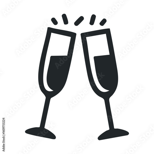 Celebratory icon of clinking champagne glasses in black and white