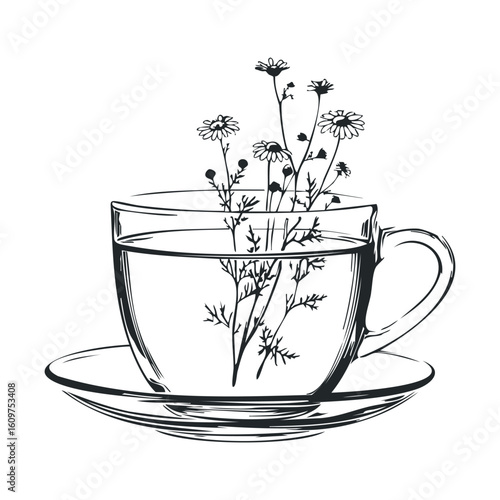 Black and white chamomile tea cup with flowers in minimalist design
