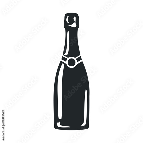 Elegant black champagne bottle silhouette on white background