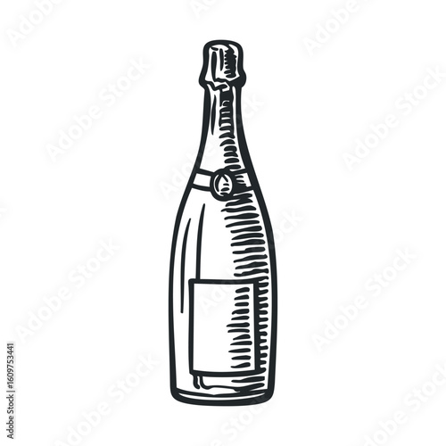Black and white illustration of a champagne bottle with label