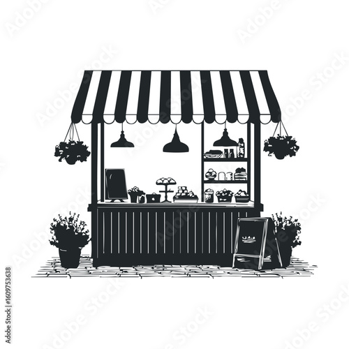 Rustic outdoor market stall with baked goods and flower decorations