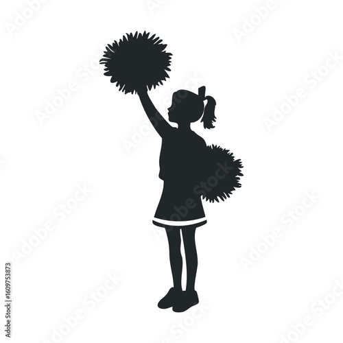 Silhouette of young caucasian female cheerleader holding pom-poms in cheerful pose