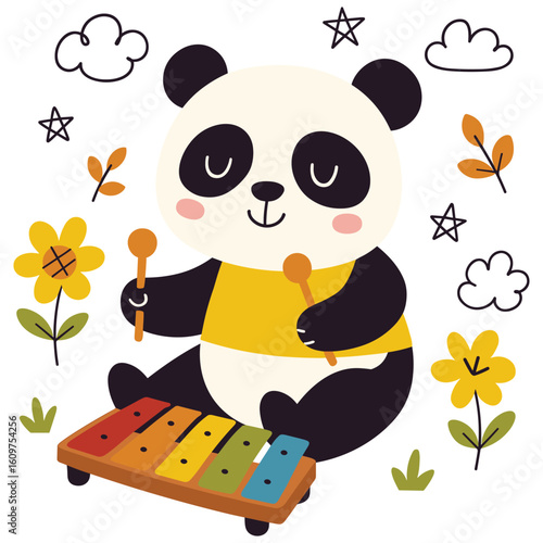 Panda cartoon playing xylophone holiday spirit fun scene | Premium AI-generated image