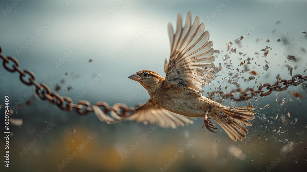 Obraz premium New life theme with a bird in flight and shattered chains against a blurred natural background.