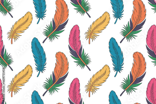 Vector art of a vibrant seamless pattern of colorful feathers creates a playful and eyecatching design, perfect for adding a touch of whimsy to any project