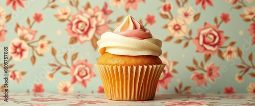 Retro style cupcake poster with vintage floral pattern and muted colors, print, patisserie