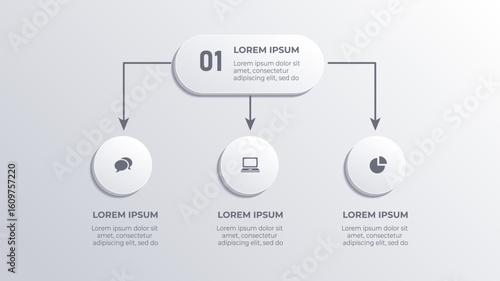 White 3D Flow Chart with 3 Options – Business Timeline Infographic Template Featuring Statistical Icons and Clean Design