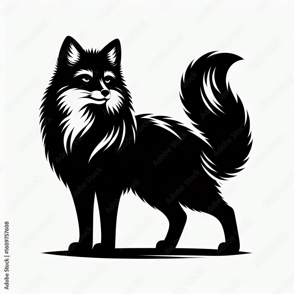 Fototapeta premium Stylized black silhouette of a fluffy fox standing proudly