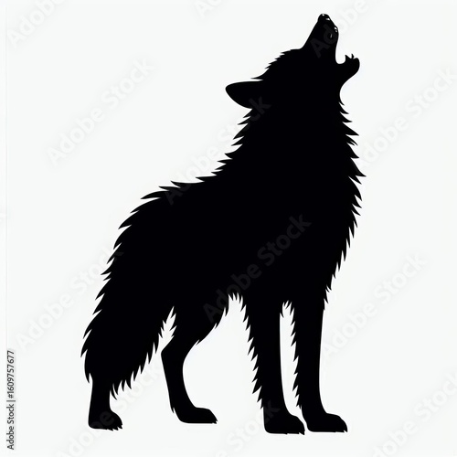 Silhouette of a wolf howling at the moon with fur detail