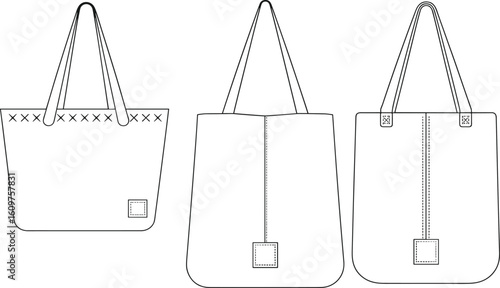 Tote bag CAD drawing, flat vector illustration, sewing pattern, fashion accessory, handbag design, technical sketch, construction detail, template layout