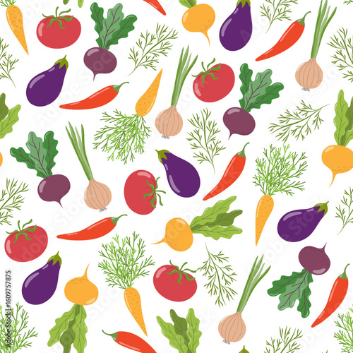Seamless pattern of different vegetables. Vector illustration.