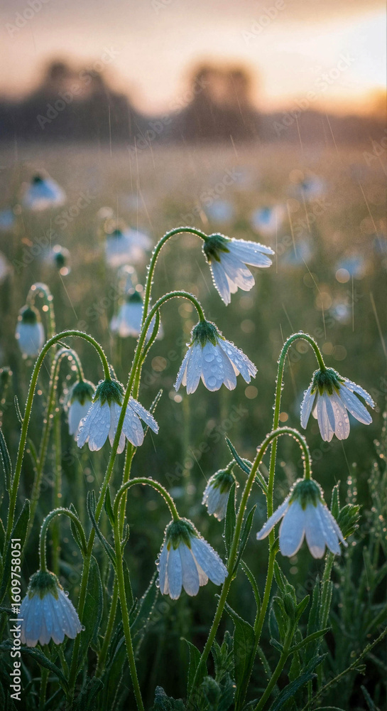 Obraz premium White wildflowers in a field at sunrise covered in morning dew or rain. Nature and beauty concept. Serene fresh summer landscape.