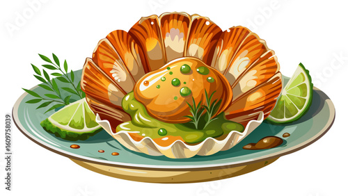 very Beautiful Fried Scallop Delicacy with Seared Herb-infused Luxury Sauce white background