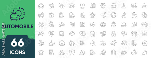 Car and Automobile Line Icon Set. Set of 66 outline icons including vehicles, steering, fuel, speed, car repair, engine, parking, and transportation tools. Editable stroke. Linear vector illustration.