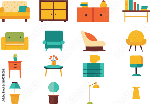 Vector art of a collection of colorful furniture pieces, including sofas, chairs, tables, and cabinets, isolated on white background