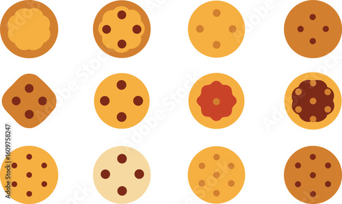 Vector art of a delightful array of colorful cookies with various toppings and designs, isolated on white background