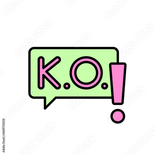 Green speech bubble with K.O. and pink exclamation point