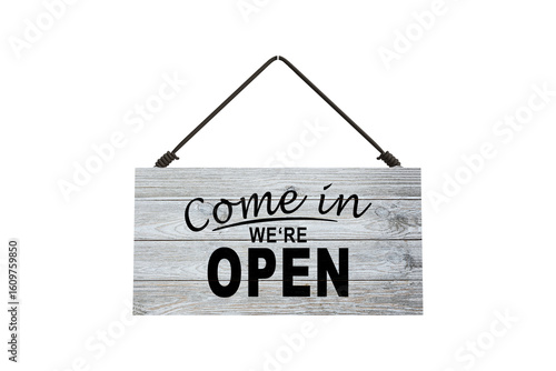 Come in we are open sign hanging on the door of a small business. Bells hang on the door to let the store owner know someone has come in. PNG