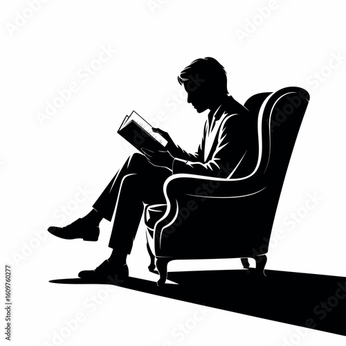 Elegant Reader Silhouette in Armchair Illustration with Refined Lines and Dark Hue for Sophisticated Literary Pursuits