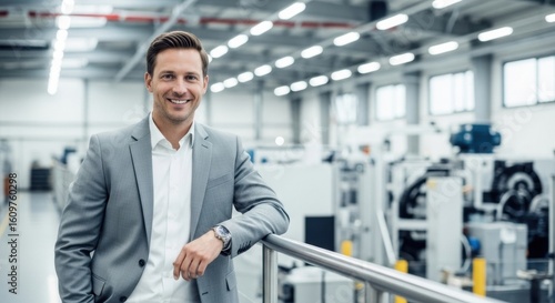Portrait of a confident manager or owner smiling in a modern factory. Successful businessman in the manufacturing and industrial sector.