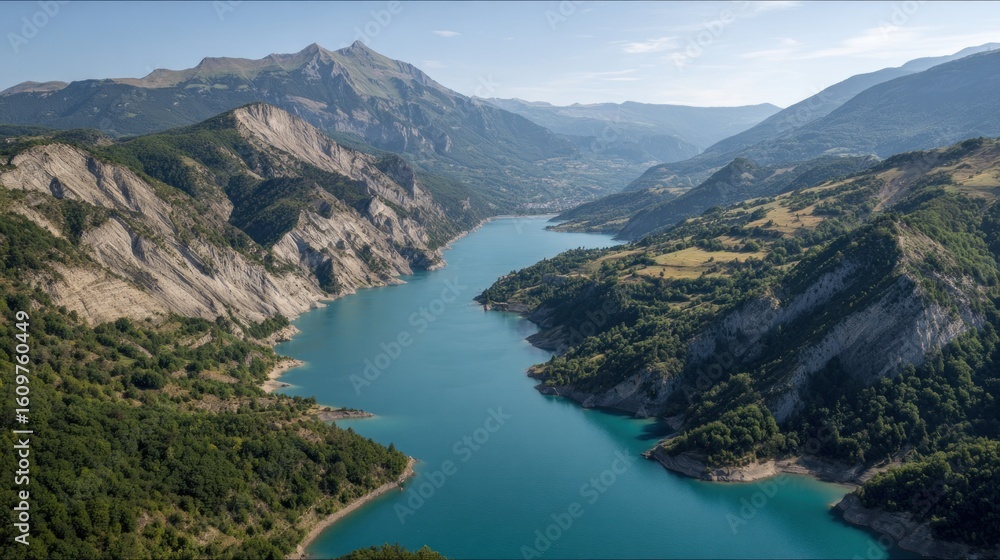 Fototapeta premium Mountain valley lake panorama