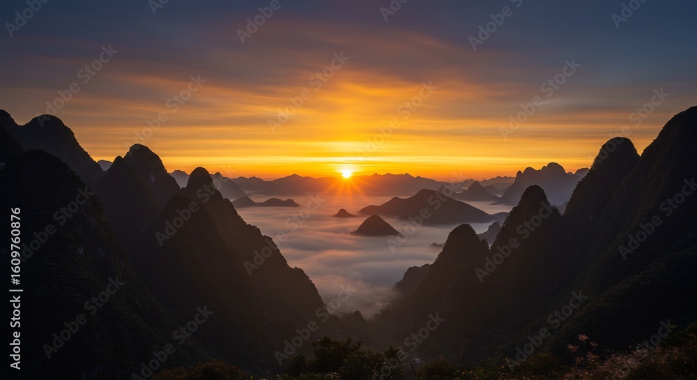 Naklejka premium Majestic Mountain Peaks at Sunrise Over Sea of Clouds