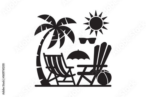 Tropical beach scene with palm tree chairs umbrella sun and sunglasses