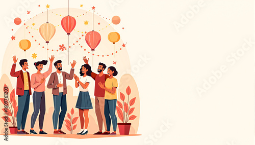 Happy retirement card illustration – diverse coworkers waving goodbye and celebrating colleague’s last day with balloons and confetti, flat vector style for office farewell and goodbye events