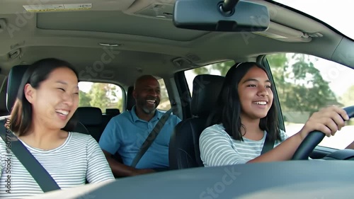 Family smiles inside car; girl drives while others ride along, bright daylight streaming inside