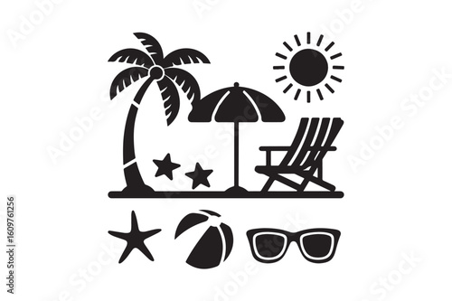 Black and white silhouette of a tropical beach scene with palm tree umbrella chair and accessories