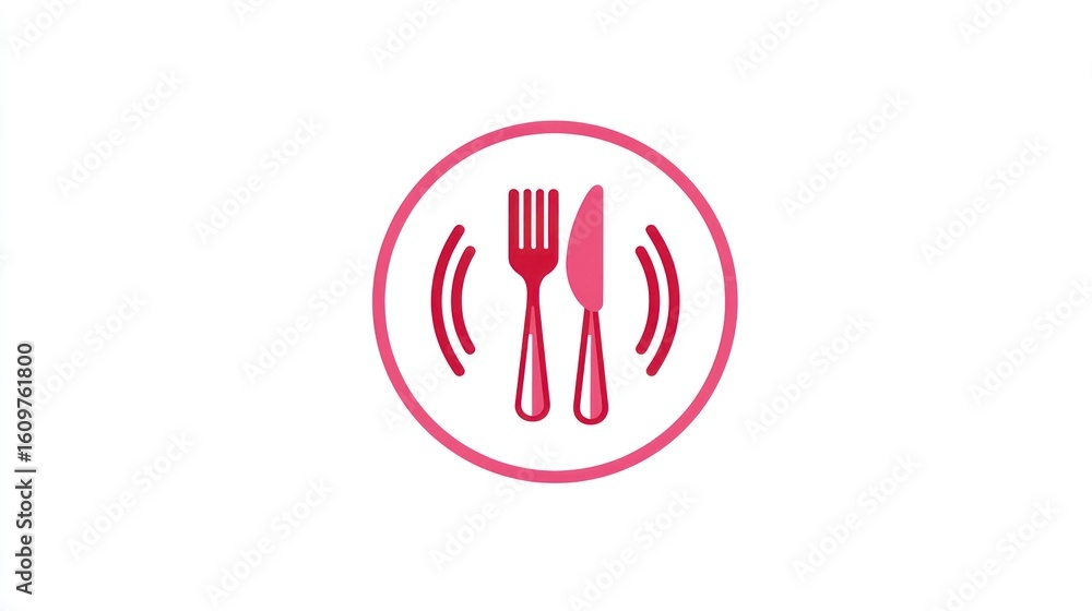 Pink utensils image featuring a fork, knife, and circular sound-like effect Pink utensils image featuring a fork, knife, and circular sound-like effect