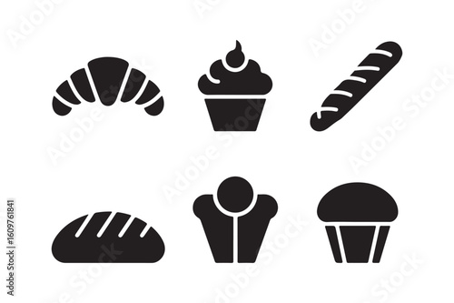 Collection of six black silhouette icons representing baked goods and pastries