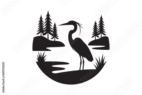 Silhouette of a great blue heron standing in water with pine trees and rocky islands