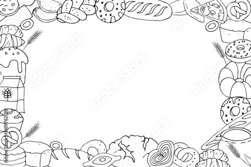 Horizontal frame of hand drawn outline drawings of bread, pies and buns in cartoon style on white background.