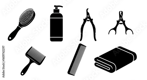 Vector Icons Set of A collection of black silhouette pet grooming tools including brushes combs nail clippers shampoo bottle and a towel. EPS Editable
