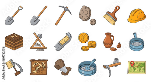 Vector Icons Set of A colorful cartoon collection of archaeology and excavation icons including tools fossils ancient artifacts and a treasure map. EPS Editable