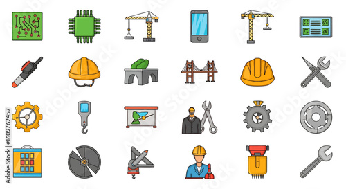 Vector Icons Set of A colorful cartoon collection of engineering construction and technology icons Set of flat design symbols for industry building and electronics. EPS Editable